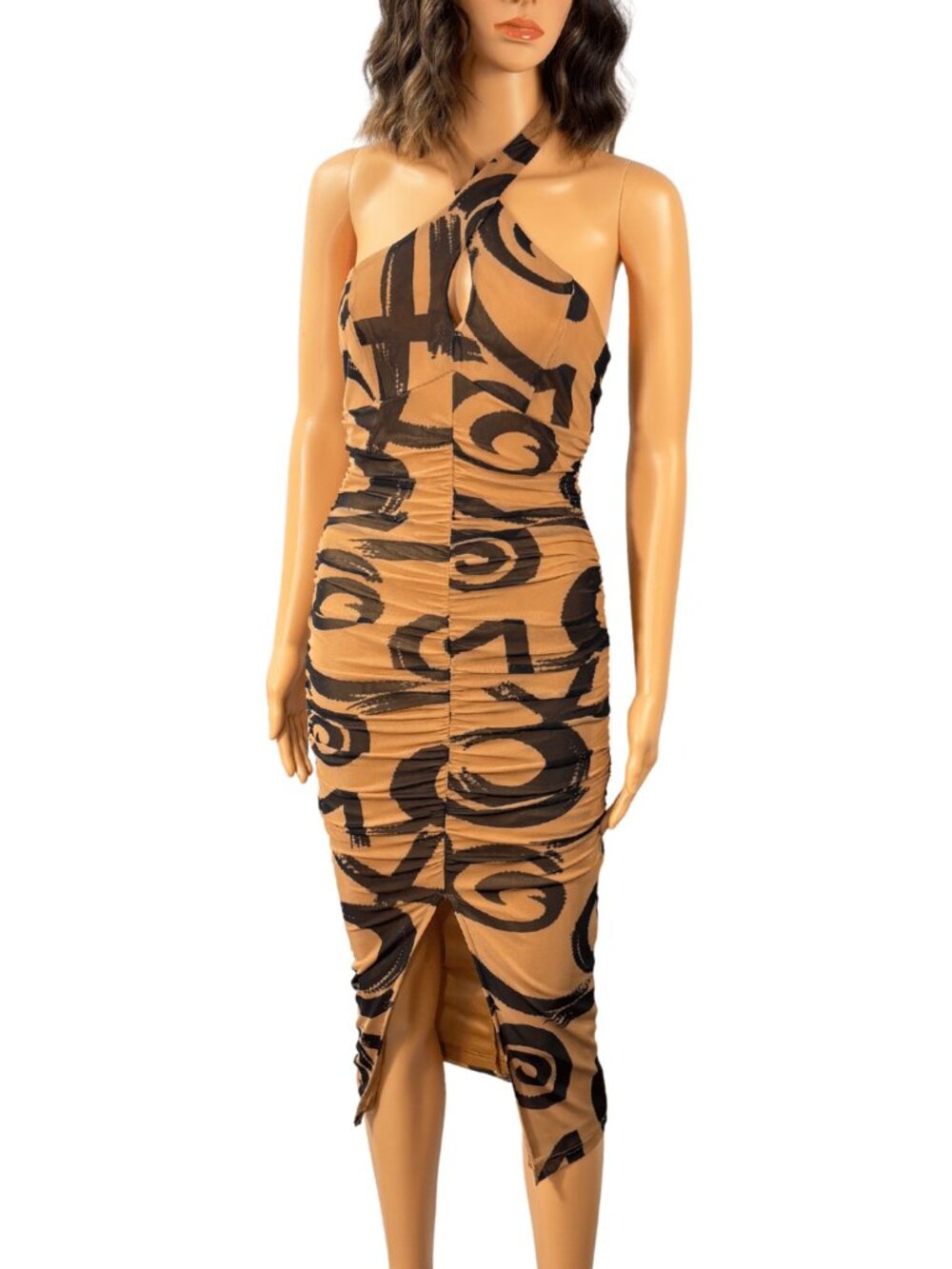 NWT Bobbles Lace Ruched Halter Midi Dress S Camel